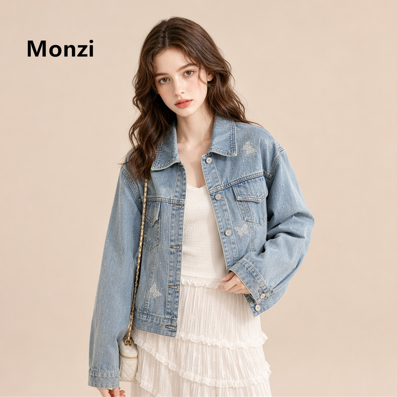 Monzi Light Blue Casual Style Rhinestone Denim Jacket for Women, Early Spring and Autumn, Short Loose Fit, Slimming Effect, Petite Jacket Monzi Light Blue Casual Style Rhinestone Denim Jacket for Women, Early Spring and Autumn, Short Loose Fit, Slimming Effect, Petite Jacket
