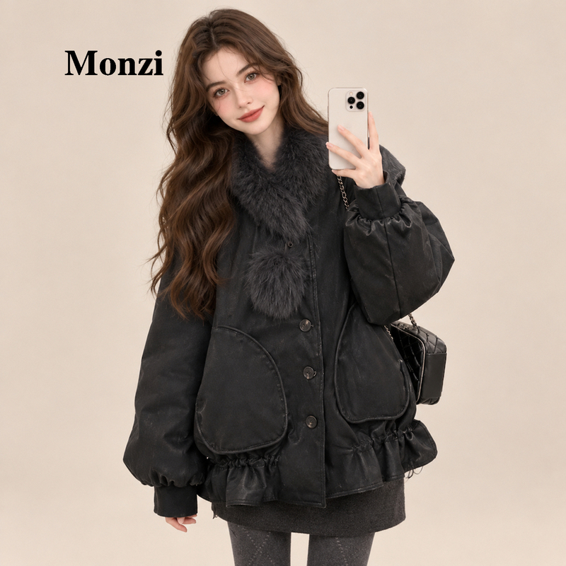 Monzi Black Genuine Fox Fur Collar Motorcycle White Duck down Leather Jacket for Women, New Retro Style Winter Coat Monzi Black Genuine Fox Fur Collar Motorcycle White Duck down Leather Jacket for Women, New Retro Style Winter Coat