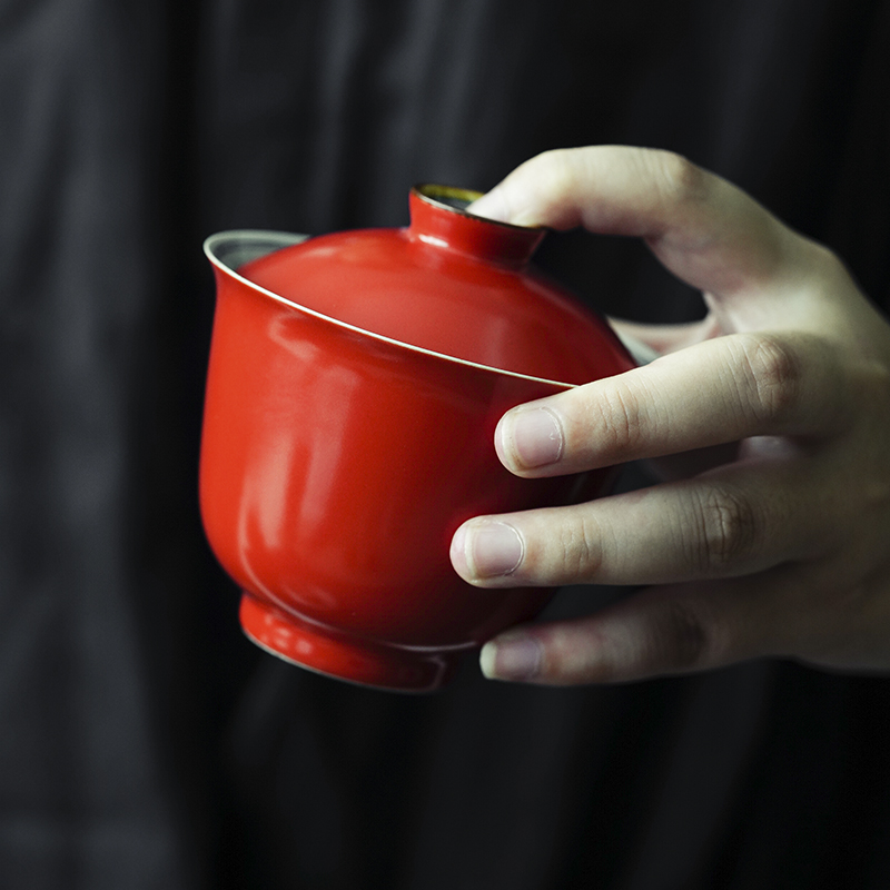 Cloud tureen ore color art of jingdezhen ceramics glaze tea coral red tureen three bowls of kung fu tea set