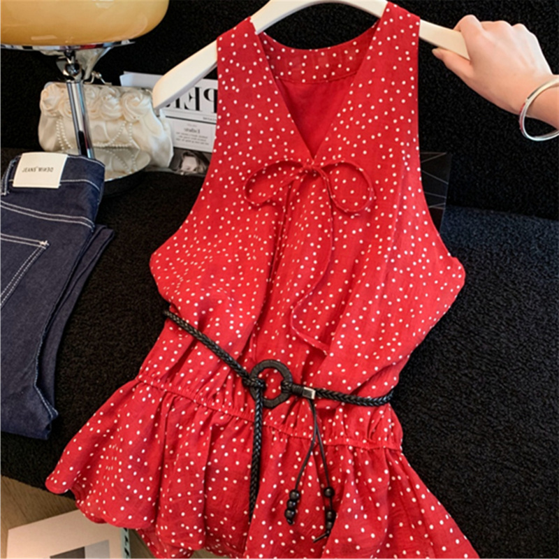 Guangzhou Shisanxing Hot-Selling Women's Fashion Retro Polka Dot Vest Chiffon Shirt Summer Hong Kong Style Retro Sleeveless Top