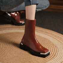 Brown Chelsea Short Boots Female Square Head Thick Bottom Genuine Leather 2021 New Spring Autumn Retro Single Boots With Slim Martin Boot