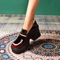 (Little Tingmei) Pine Cake Thick Bottom Lefu Shoes Woman Little High Heel Single Shoes Heightening Genuine Leather Round Head Retro Little Leather Shoes