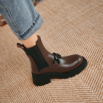Thick Bottom Chelsea Boots Woman Short Boots Thick Heel 2021 New leather Inn Wind Spring Autumn season Single boots High heel Martin boots