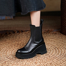 High heel Martin boots ladies Muffin Bottoms Rough Heel Short Boots Inellenty Wind Small Subspring Autumn New Genuine Leather Fried Street Single Boots