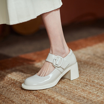Coarse Heel Mary Precious Shoes Womens Style Single Shoes 2022 New Genuine Leather With Retro White Shallow Mouth High Heel Shoes