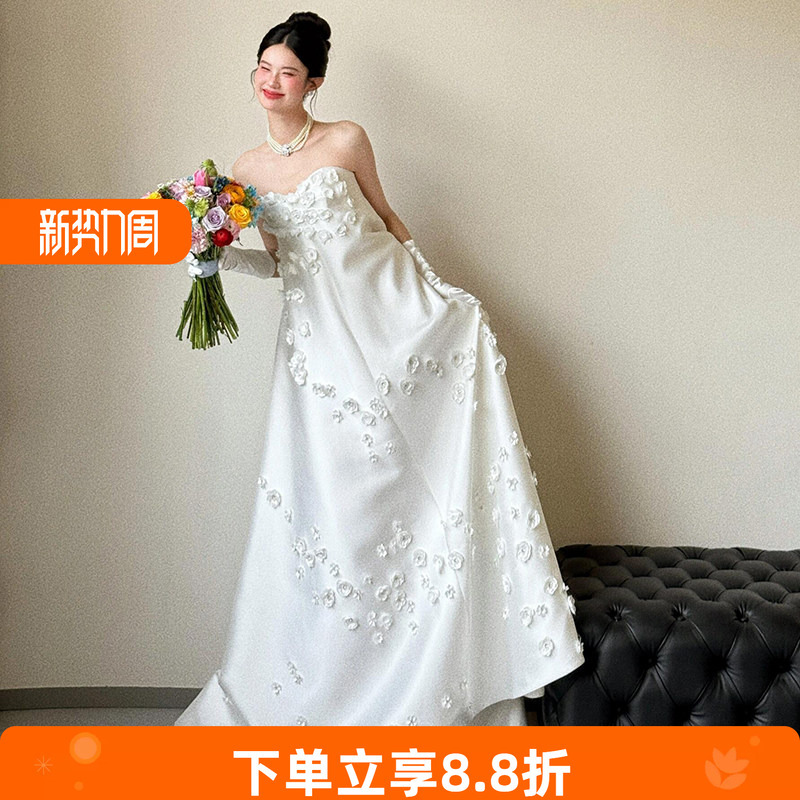 French Satin Strapless Light Wedding Dress for Brides, High-End High-Waisted Belly-Covering Maternity Robe, Wedding Morning Photoshoot Engagement Dress French Satin Strapless Light Wedding Dress for Brides, High-End High-Waisted Belly-Covering Maternity Robe, Wedding Morning Photoshoot Engagement Dress