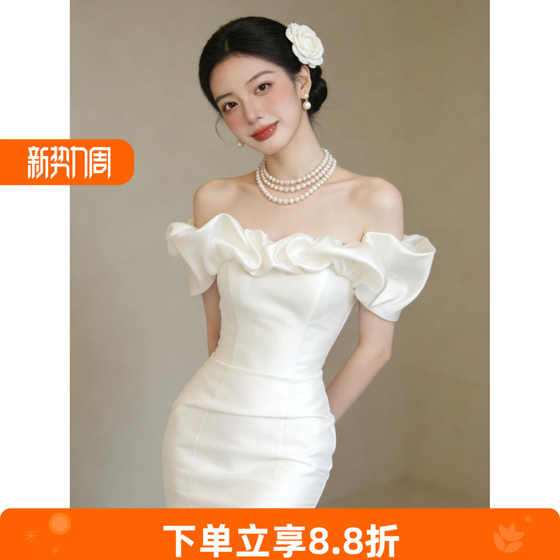 French-Style Off-The-Shoulder White Satin Mermaid Light Wedding Dress, Simple Bridal Gown for Going Out, Engagement Dress, White Dress for Marriage Registration French-Style Off-The-Shoulder White Satin Mermaid Light Wedding Dress, Simple Bridal Gown for Going Out, Engagement Dress, White Dress for Marriage Registration