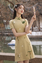 Plaid cheongsam 2021 new summer young girl improved retro small man dress yellow short section