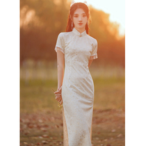 Lace Cheongsam Old Shanghai girl modified dress Young Republic of China style dress summer white vintage socialite Steng