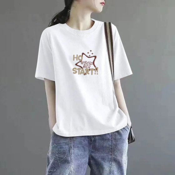 品牌出口外贸正品100%纯棉短袖印花t恤女夏休闲显瘦时尚减龄上衣