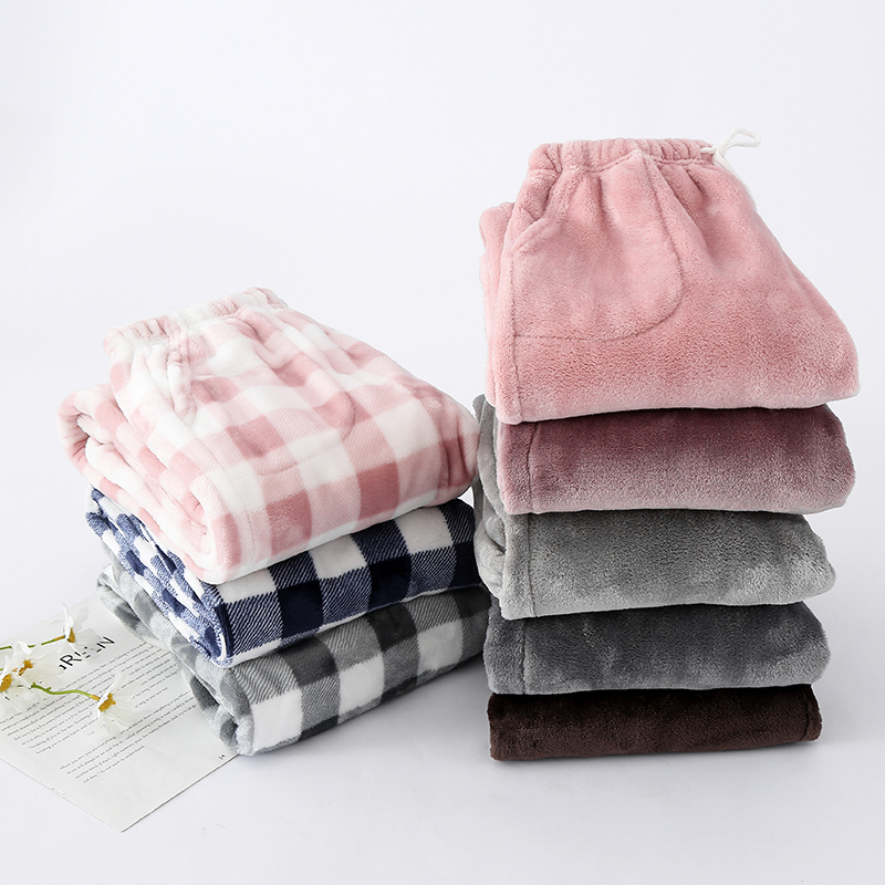 Winter Fleece-Lined Thick Flannel Pajama Pants for Men and Women, Couple's Straight-Leg Cuffed Home Pants, Can Be Worn Outside, Coral Fleece Long Pants