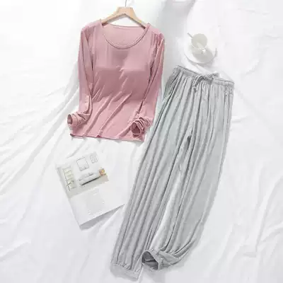 Modal with chest pad pajamas women's autumn and winter long-sleeved trousers two-piece suit loose large size home wear summer