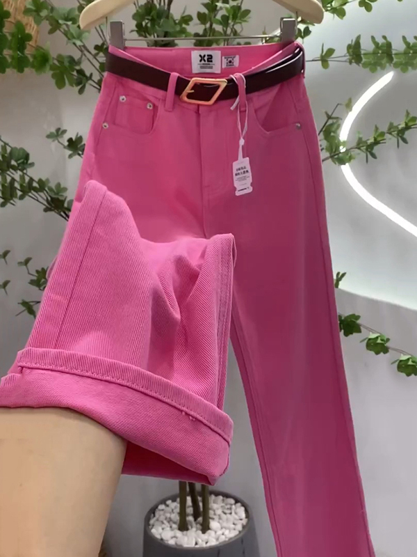 Dragon Fruit Color Straight Wide-Leg Jeans for Women 2026 Spring New High-Waisted Loose Slimming Soft Drapey Long Pants