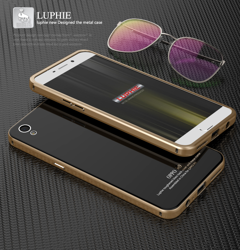 Luphie Aircraft Aluminum Metal Frame 9H Tempered Glass Back Cover Case for OPPO R9