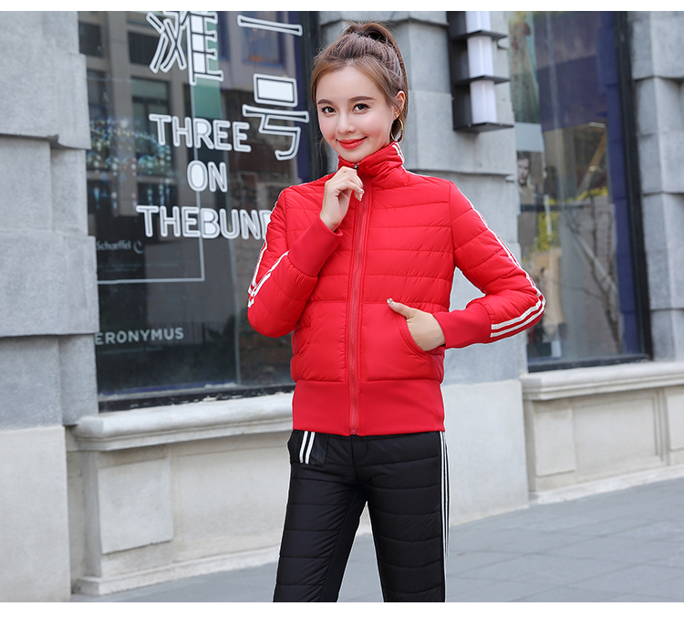 Mùa đông 2018 phiên bản Hàn Quốc mới của áo khoác cotton xuống áo khoác cotton phù hợp với quần cotton rộng kích thước lớn hai bộ quần cotton áo phao nữ lông vũ