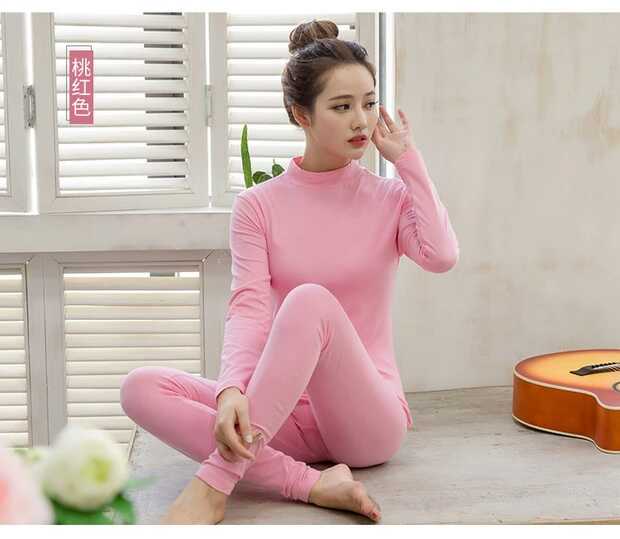 Modal Qiuyi Qiuku Phụ nữ cotton nửa cao cổ đồ lót nhiệt thiết lập cao co giãn chặt chẽ đặt đáy đồ bộ