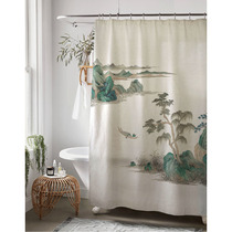 New Chinese style Japanese thick vintage ink hand-painted linen non-perforated nano waterproof shower curtain green landscape