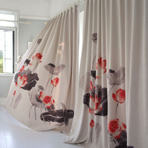 Hand-painted style Chinese Japanese linen thickened blackout high-end villa bedroom curtains can be customized ink lotus