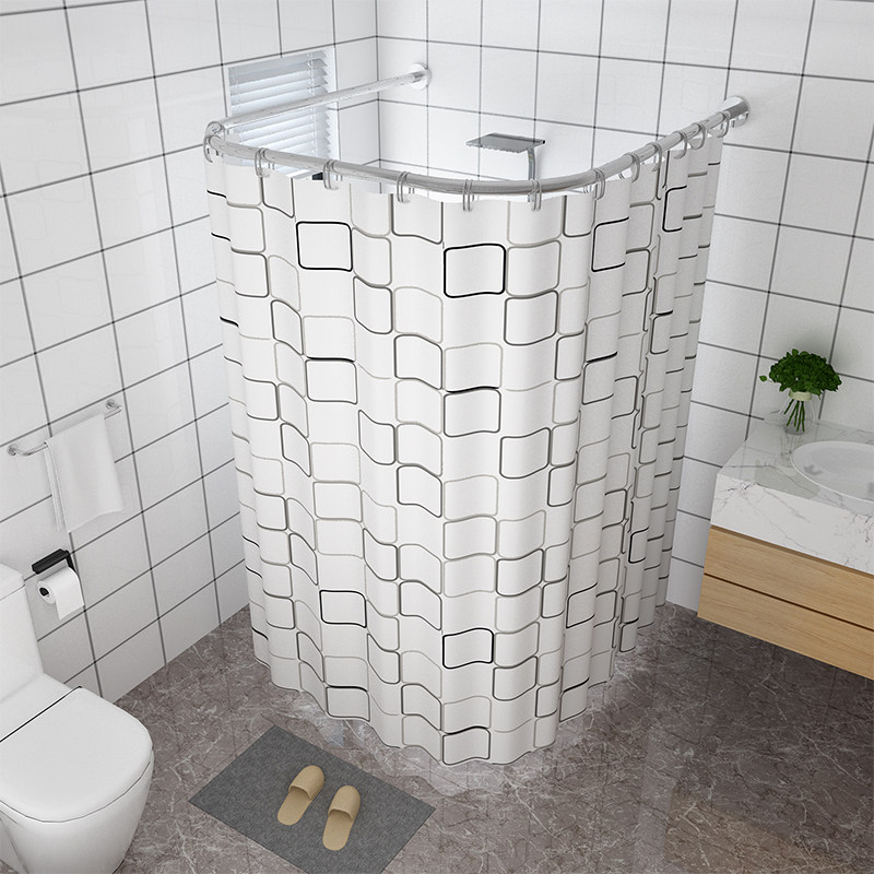 Bathroom Curved Shower Curtain Rod L-Shaped Shower Curtain Set No-Drill U-Shaped Bathroom Retractable Shower Rod Waterproof Partition Curtain