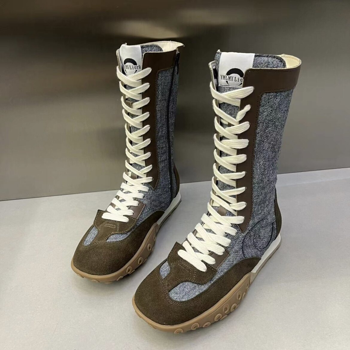 Walking Merade ~ Small Short Boots Girl Genuine Leather Splicing Denim Lace Rider Boots Small Crowd Design Sensation Martin Boots-Taobao