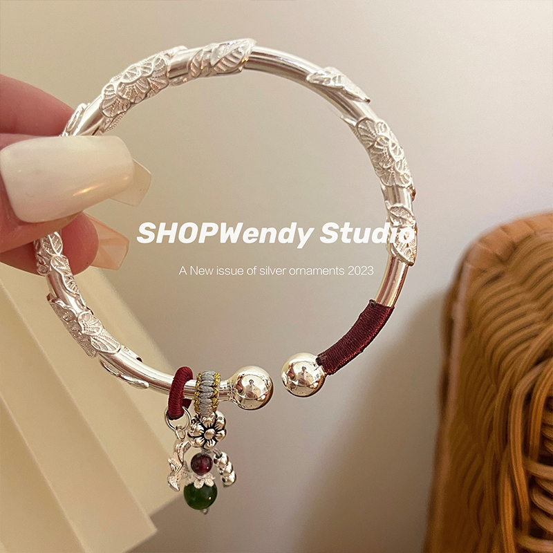 Shopwendy |   Flowers in Full Bloom 9999 Pure Silver Braided Rope Chinese Style Bracelet with Adjustable Opening