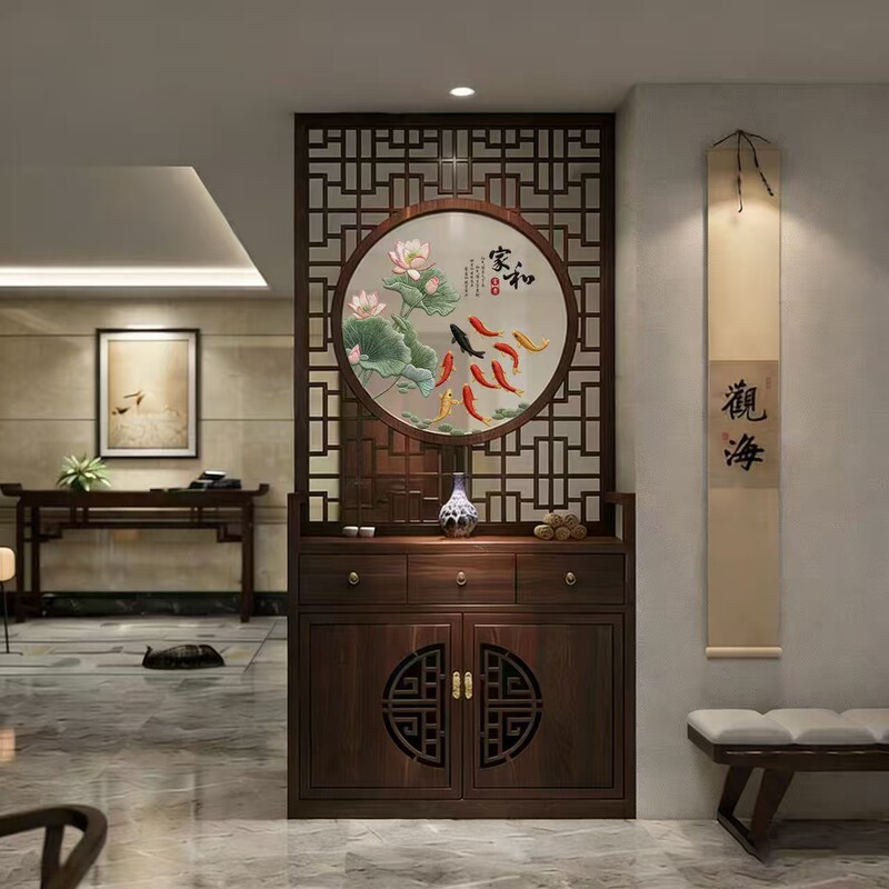 New Chinese-Style Solid Wood Entryway Partition Cabinet with Double-Sided Embroidery Screen, New Model for Home Living Room Partition