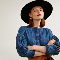 Ozhi National style ~ 21 autumn denim texture French Blue Shirt shirt female commuter minority style SE