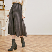 Ozhi French retro woolen pleated skirt autumn and winter 4-color elastic waist a-shaped skirt long skirt with bottom skirt
