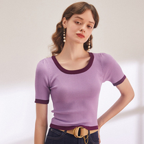 Aozhiguo cute 3-color contrast collar sweater T-shirt Womens summer tight short-sleeved base shirt short top