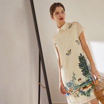 Aozhiguo 19 Mami silk crepe Chinese style printing cheongsam dress female summer young lapel A-line skirt