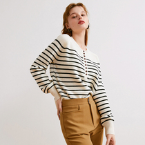 Aozhi Country Australias sheep wool French striped sweater womens spring and autumn half-open jacket 3-color Sea soul sweater