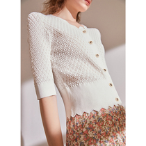 Aozhiguo white twisted hollow middle sleeve knitted cardigan 2021 spring 2-color ice silk short top jacket