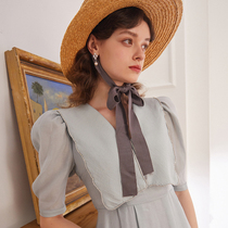 Clearance French girl beaded chain large lapel dress Female summer 2 colors vintage bubble sleeves Elegant waist skirt