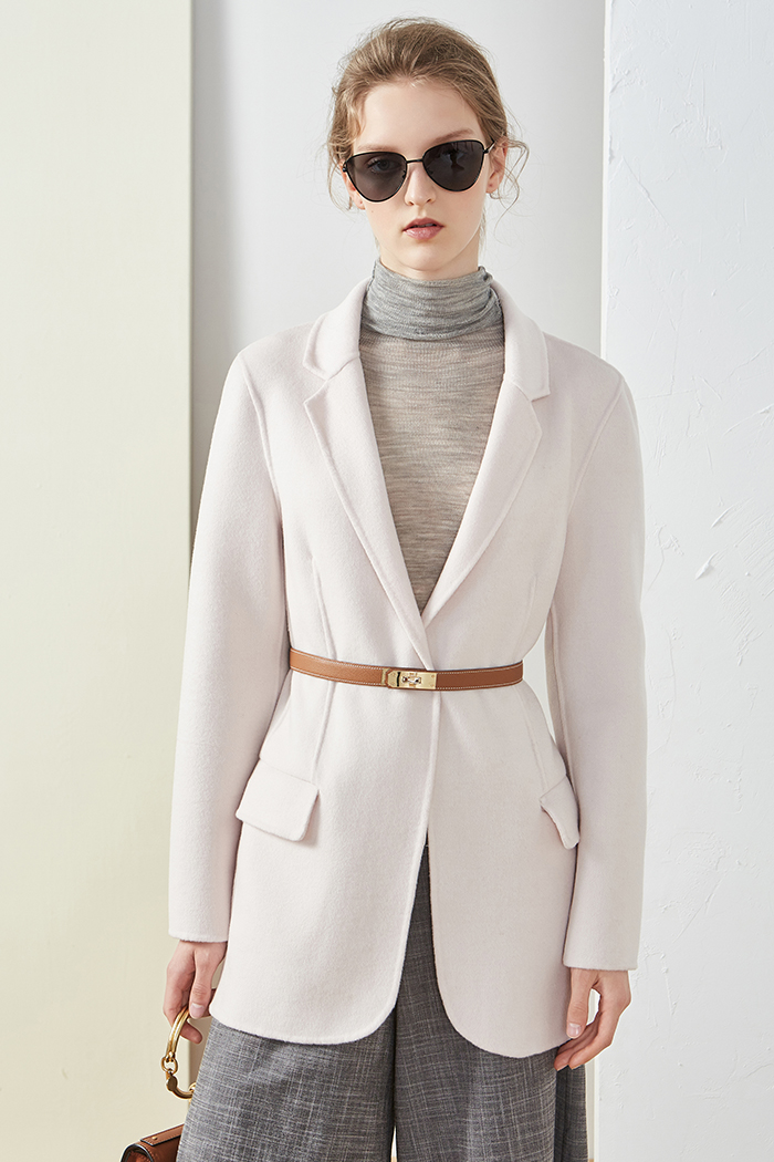 Oz 18 mùa thu và mùa đông tay khâu len hai mặt kaki + hồng floppy cổ áo dài tay áo coat áo khoác len nữ