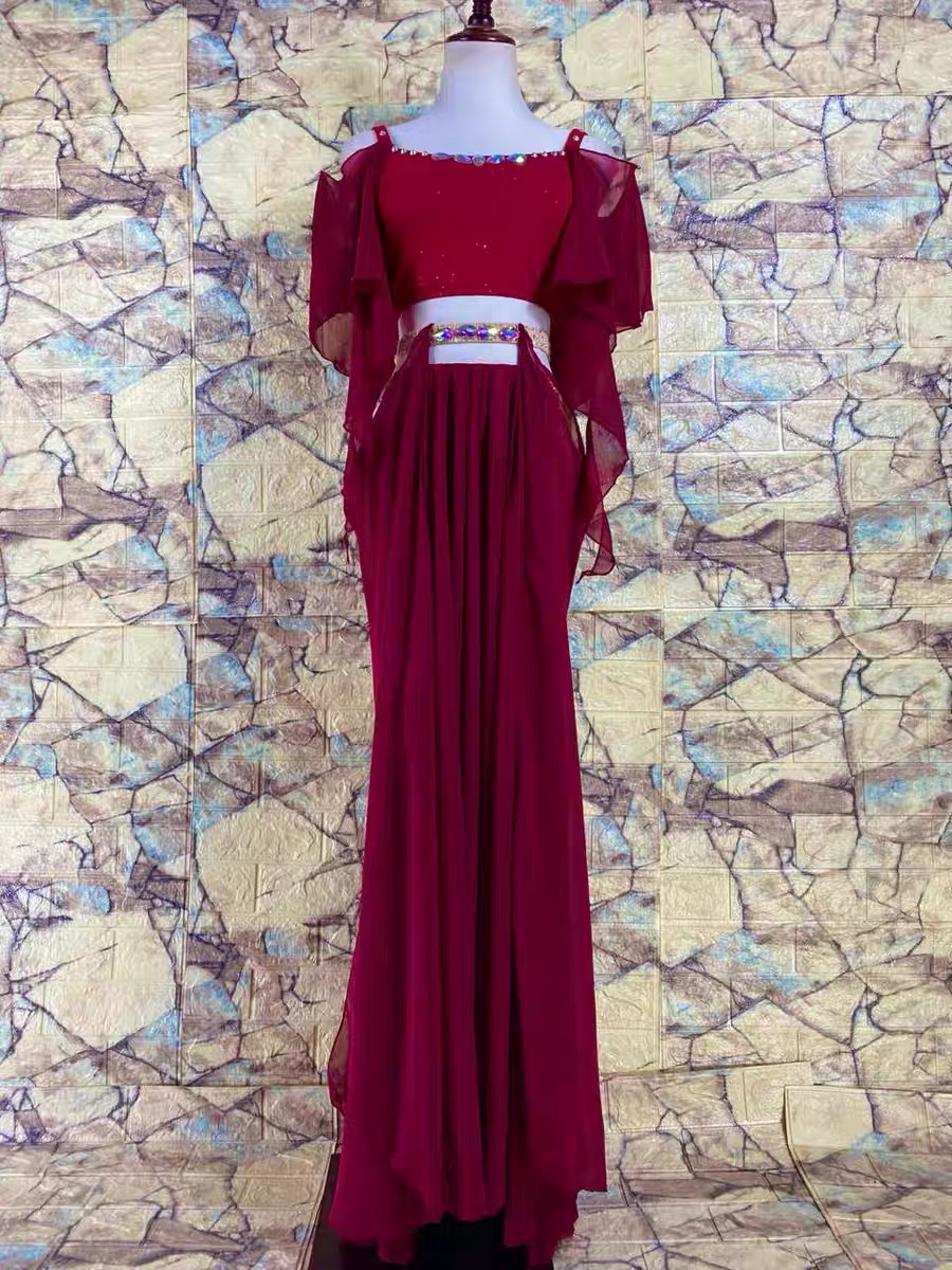 Belly dance workwear Gongfu Wine Red Display White Double Open Fork Inlaid Drill Long Skirt Harness Oriental Dance Ensemble Suit Custom-Taobao
