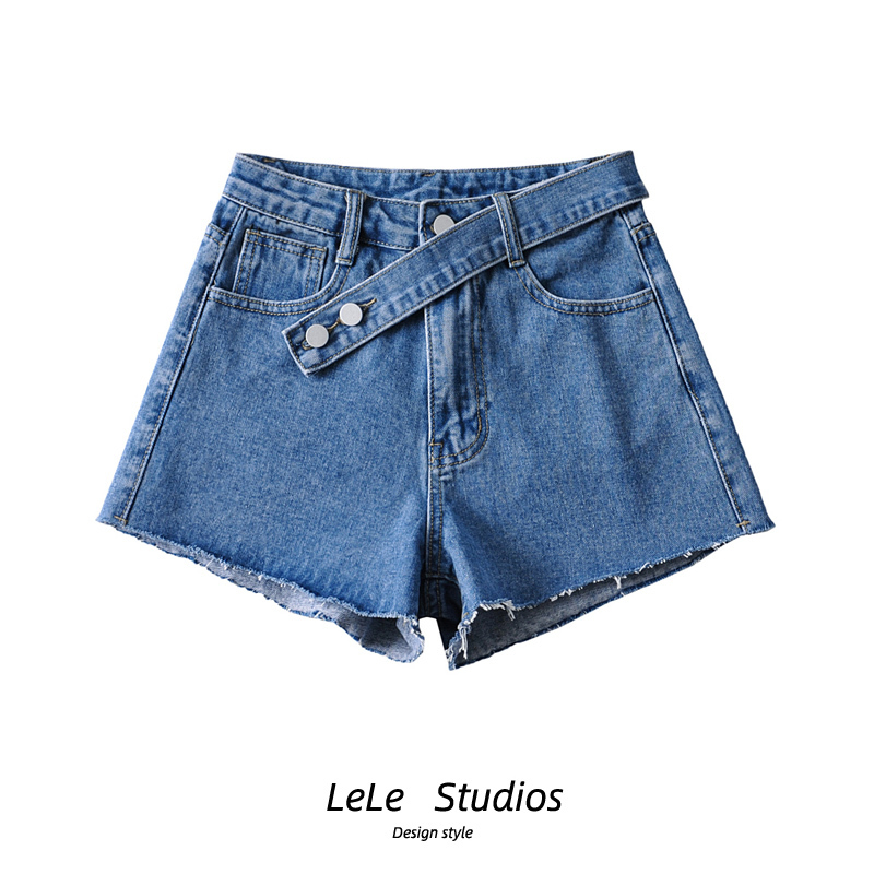  Niche Irregular Slanted Belt Slim Waist Jeans for Women Vintage High Waist Straight Slimming Shorts Trendy