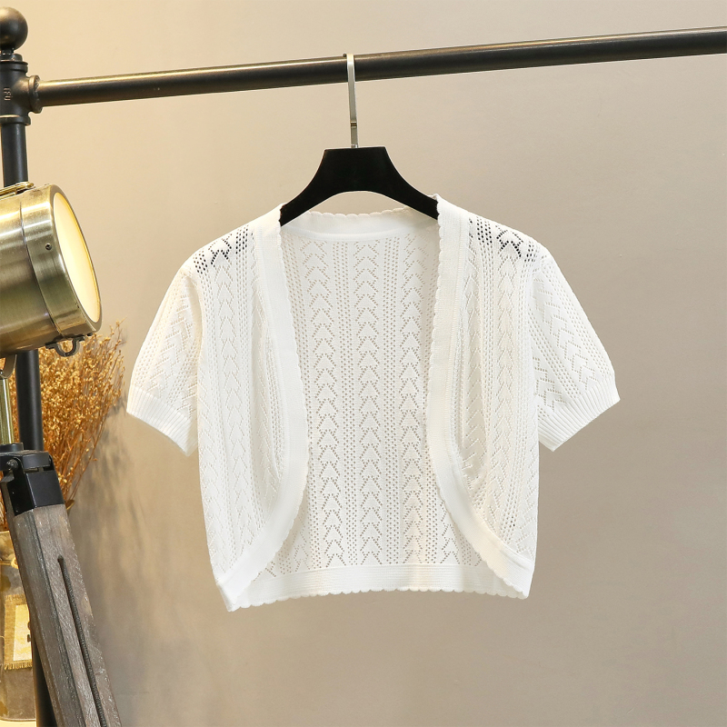 Short-Sleeved Hollow-Out Summer Top Paired with a Skirt, Worn as a Small Shawl, Ice Silk Sun-Protective Knitted Cardigan, Thin Short Top for Women