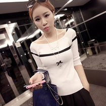 Shoulder top female ice silk sweater slim spring and autumn off-the-shoulder spring qi fen xiu collar base shirt thin