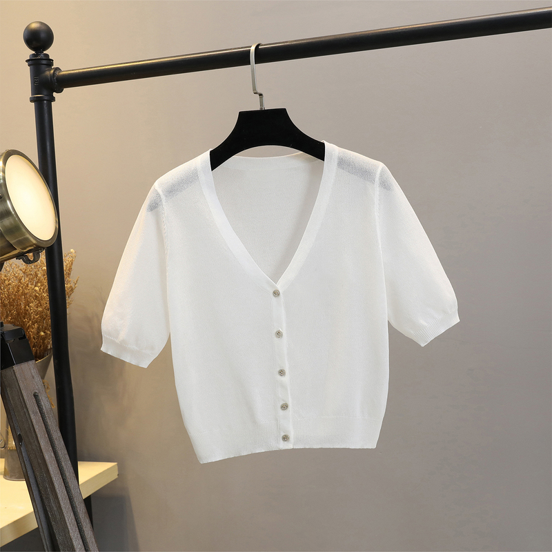 Ice Silk Short-Sleeved Knitted Cardigan for Women, Small Shawl, Summer Thin Vest, Short Sun Protection Shirt, Worn with a Suspender Dress