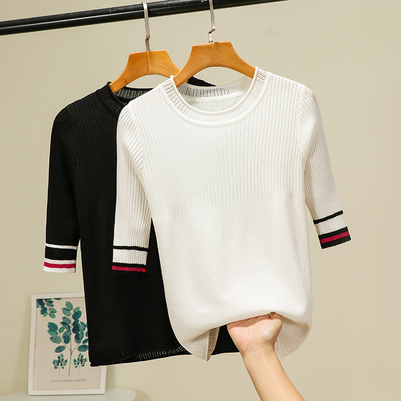 Summer new ice silk knit cardiovert 50% sleeves minimalist jersey mid-sleeve T-shirt stripe 100 lap blouse thin