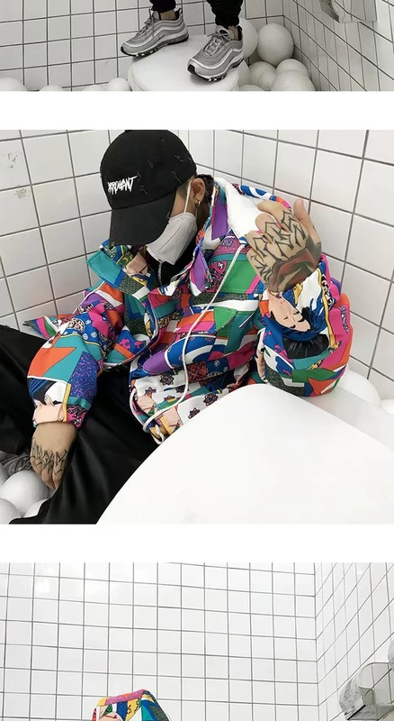 Guochao 17ss graffiti màu lông dày áo khoác nam và nữ vài chiếc mũ trùm đầu bằng vải bông 袄 BF gió lỏng hip hop