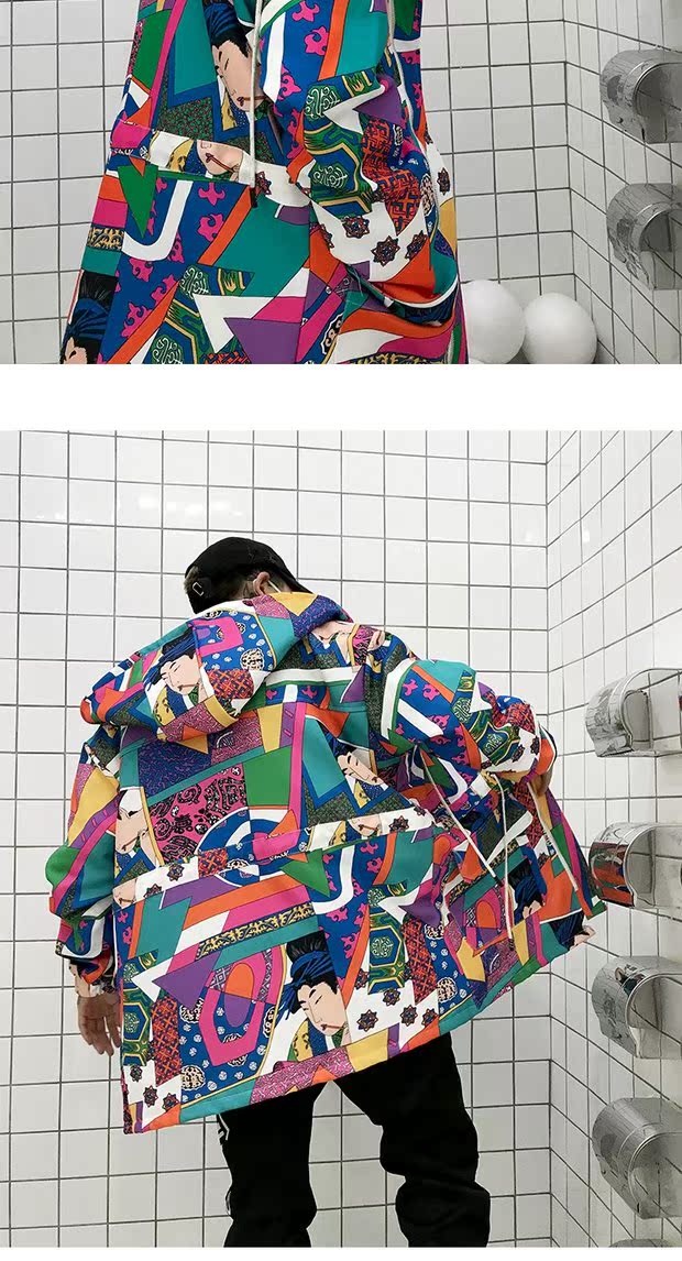 Guochao 17ss graffiti màu lông dày áo khoác nam và nữ vài chiếc mũ trùm đầu bằng vải bông 袄 BF gió lỏng hip hop áo bò nam