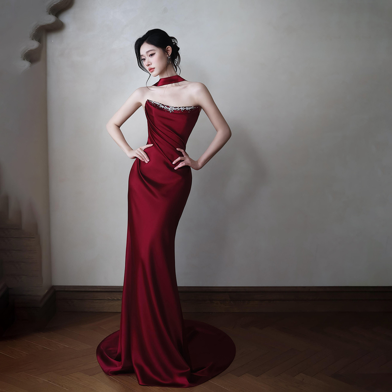 Unique and Stunning Engagement Dress, Strapless French Mermaid Bridal Wedding Robe, Burgundy Homecoming Toast Dress