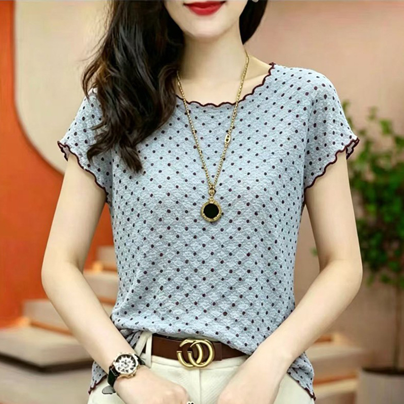 French-Style Ruffled Embroidered Short-Sleeve T-Shirt for Women, 2026 New Polka Dot Print, Stylish and Youthful, Textured Thin Top