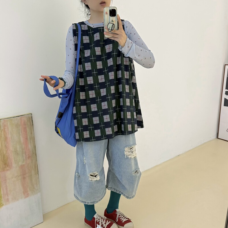 Imnanagao Korean Retro Plaid Vest for Women, Early Autumn New Layered Vest, Round Neck A-Line Sleeveless Top, Trendy