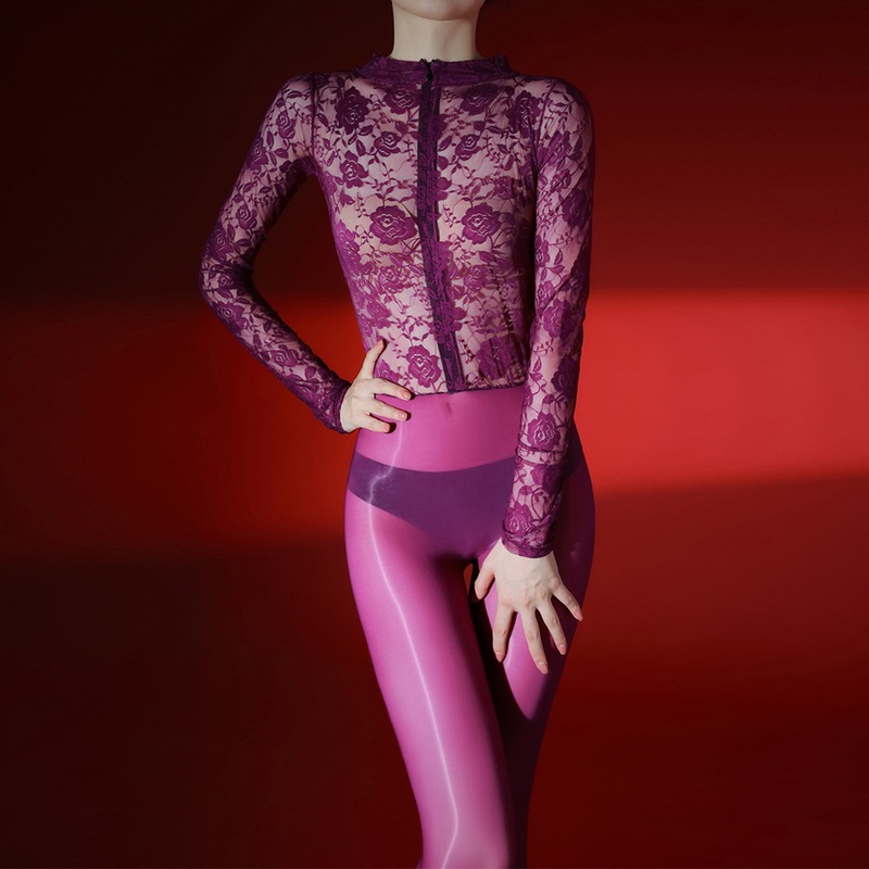 Long-Sleeved Lace T-Shirt with Chest Zipper, Patchwork Glossy Bodysuit, Women's Jacquard Mesh Full-Body Stockings, One-Piece Stockings Long-Sleeved Lace T-Shirt with Chest Zipper, Patchwork Glossy Bodysuit, Women's Jacquard Mesh Full-Body Stockings, One-Piece Stockings