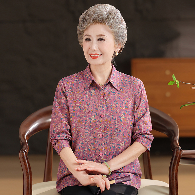 Elegant Lady 2025 Summer Pure Cotton Shirt for Elderly Women, Grandma Spring and Autumn Top, 70-Year-Old Mother-In-Law Cardigan, Mom's Shirt