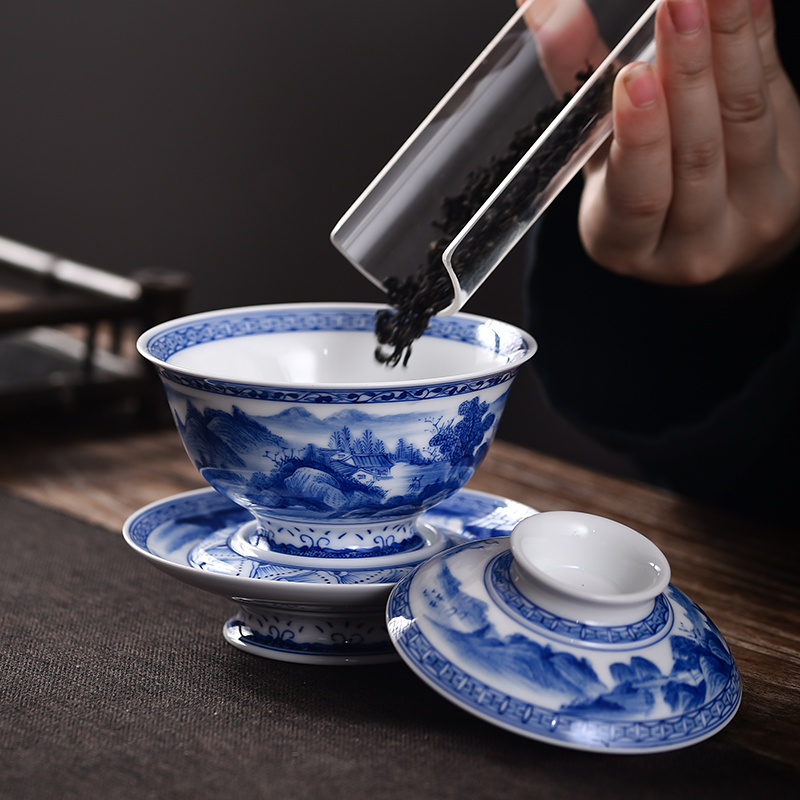 Three tureen suit only a single large jingdezhen checking home landscape thin foetus blue - and - white hand - made tea bowl