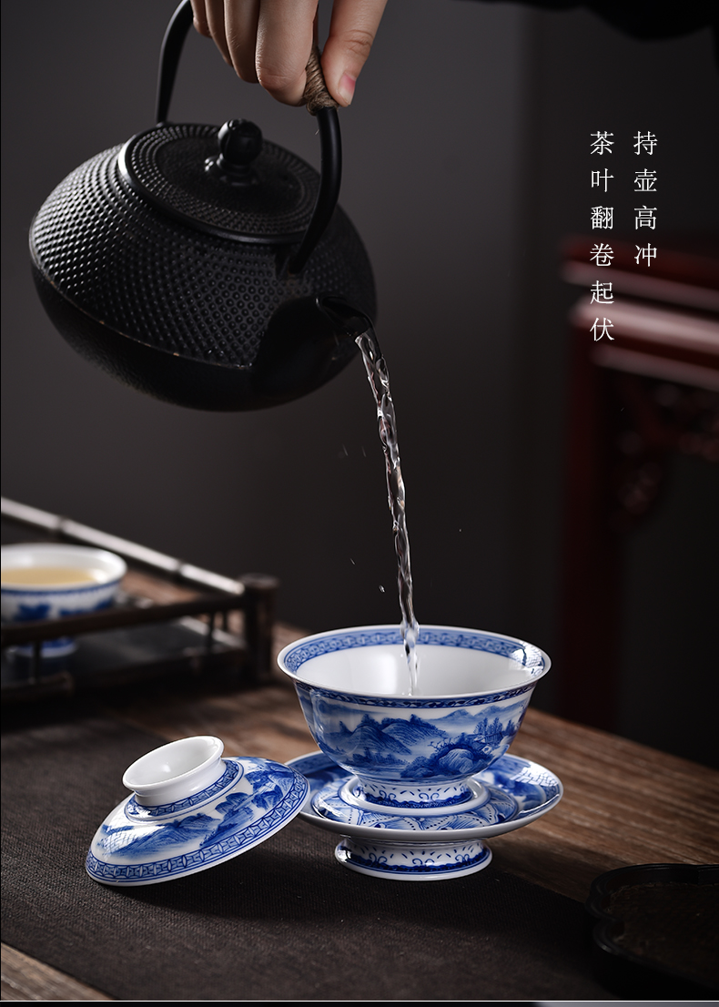 Three tureen suit only a single large jingdezhen checking home landscape thin foetus blue - and - white hand - made tea bowl