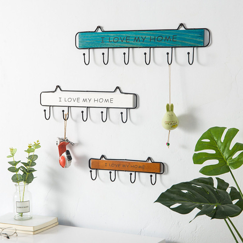 Door coat hook key hook wall hanging wooden wrought iron decoration creative cute Mediterranean Nordic style coat hook
